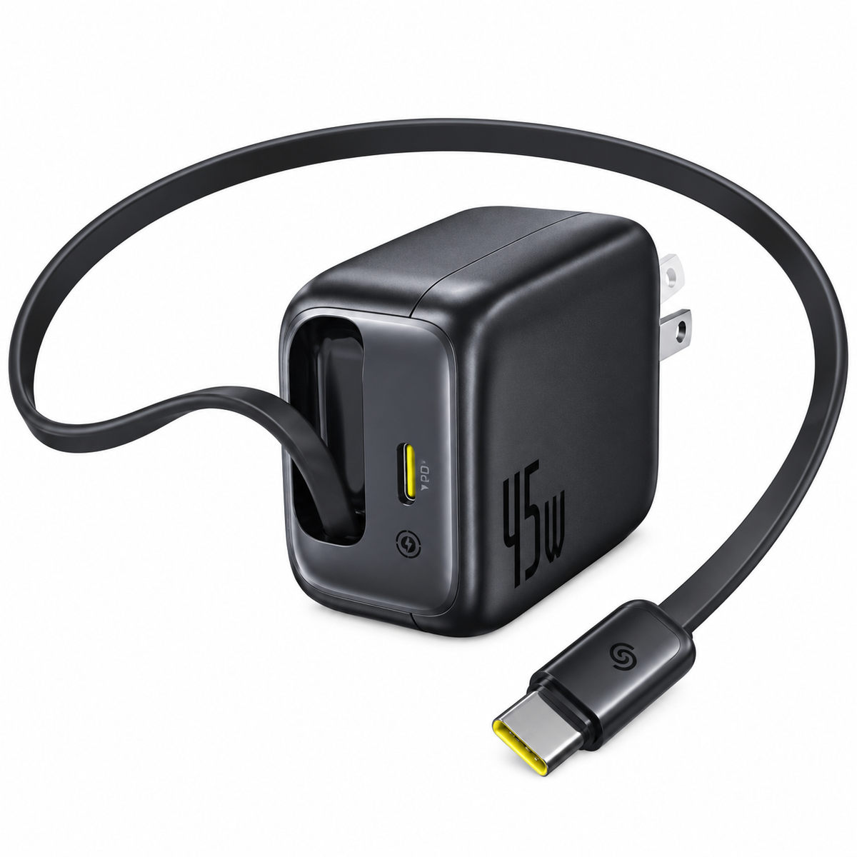 45W Fast Charger with Built-in USB-C Cable – Dual Port (Black)