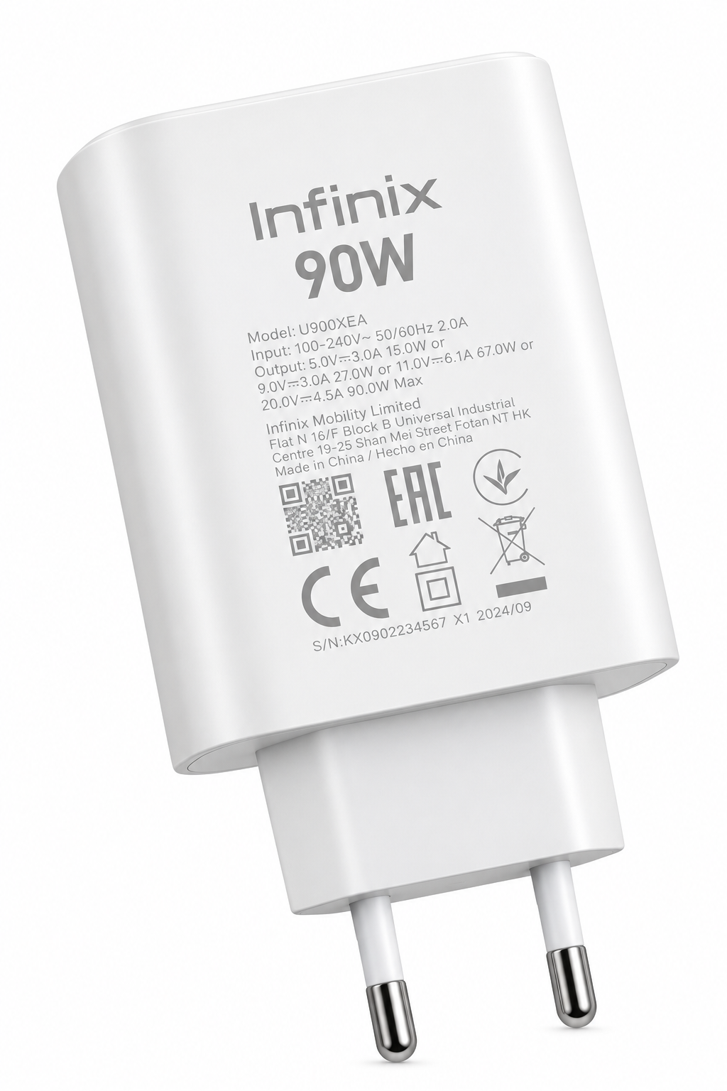 Infinix 90W Fast Charging Adapter – 2 Pin (White)