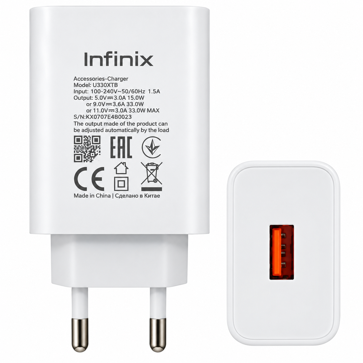 Infinix 33W Fast Charging Adapter – 2 Pin (White) 100% Orignal