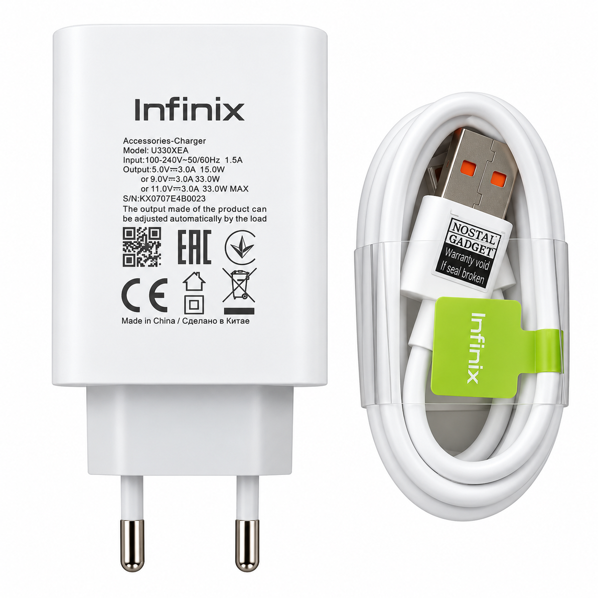 Infinix 33W Fast Charging Adapter – 2 Pin (White) 100% Orignal
