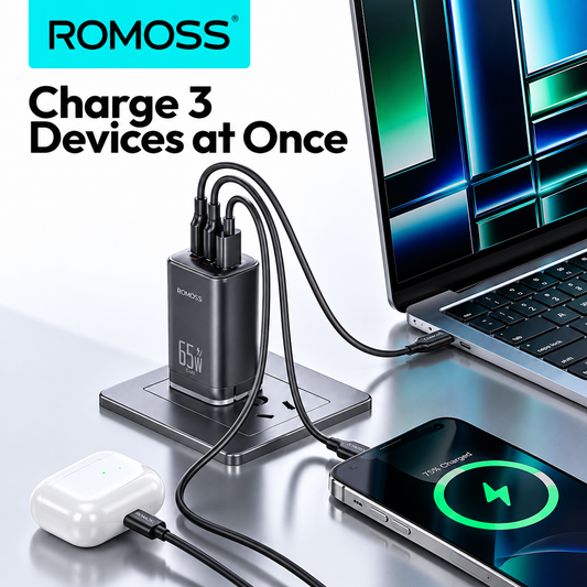 ROMOSS AC65MC 65W GaN Fast Charger – 3 Port Adapter (Black)