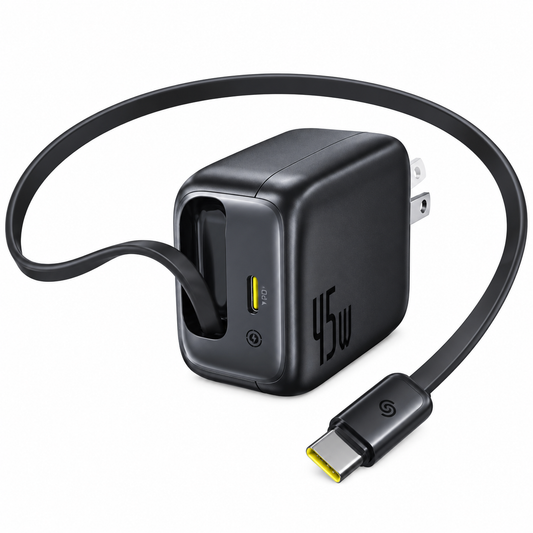 45W Fast Charger with Built-in USB-C Cable – Dual Port (Black)