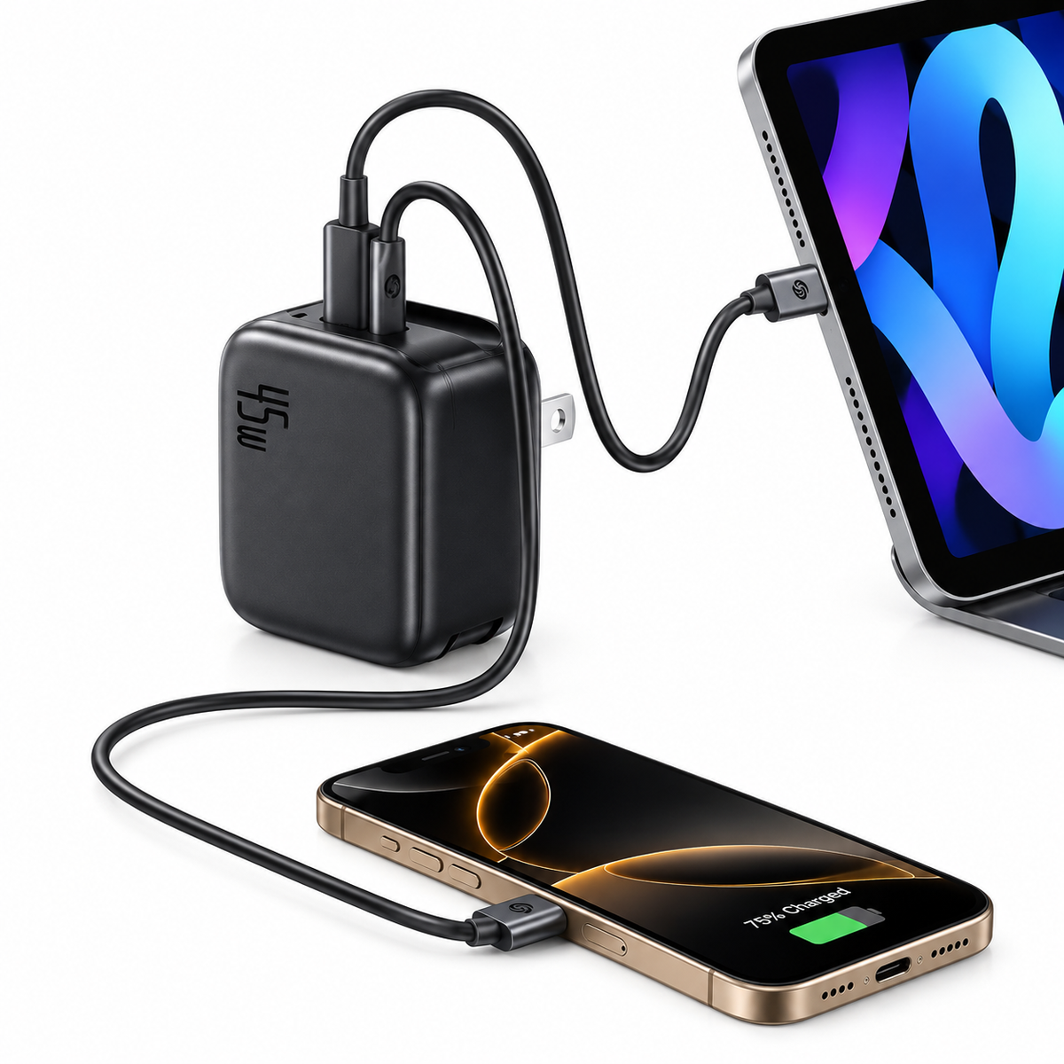45W Fast Charger with Built-in USB-C Cable – Dual Port (Black)