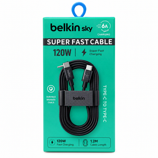 Belkin Sky 120W 6A USB-C to USB-C Super Fast Charging Cable – 100% Original (Black)