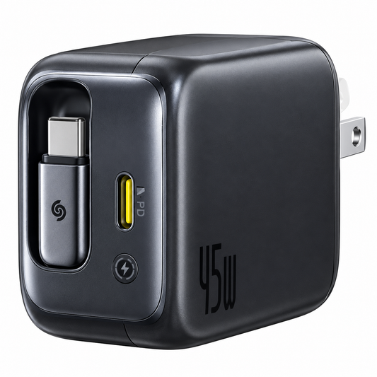 45W Fast Charger with Built-in USB-C Cable – Dual Port (Black)