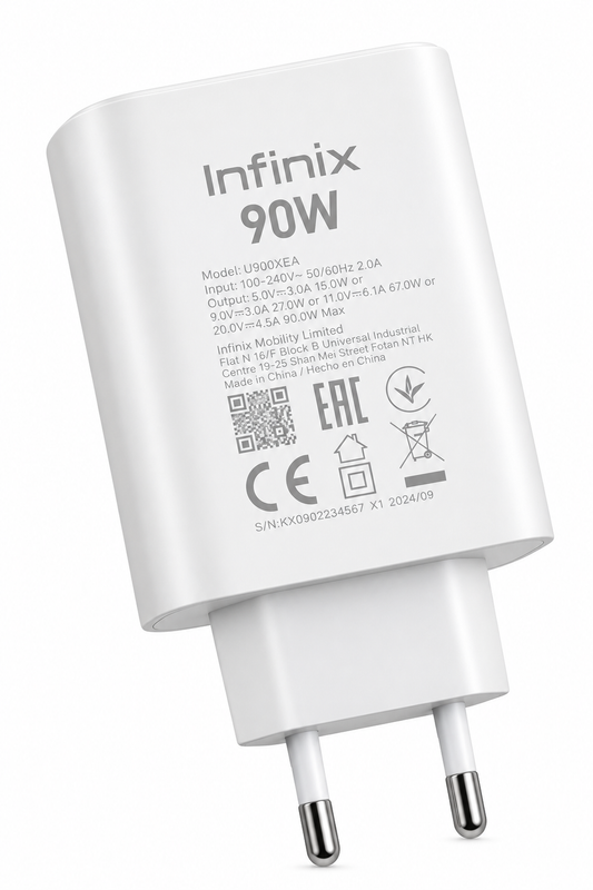 Infinix 90W Fast Charging Adapter – 2 Pin (White)