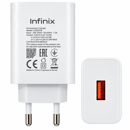 Infinix 33W Fast Charging Adapter – 2 Pin (White) 100% Orignal