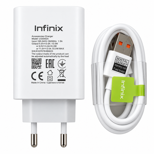 Infinix 33W Fast Charging Adapter – 2 Pin (White) 100% Orignal