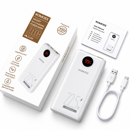 ROMOSS 20000mAh 22.5W Fast Charging Power Bank – White | LED Digital Display