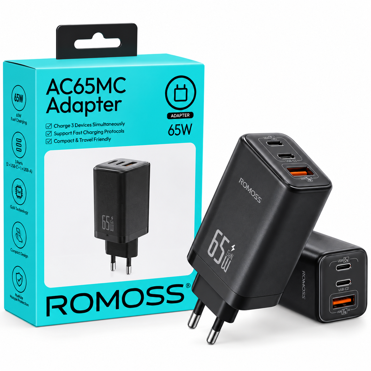 ROMOSS AC65MC 65W GaN Fast Charger – 3 Port Adapter (Black)
